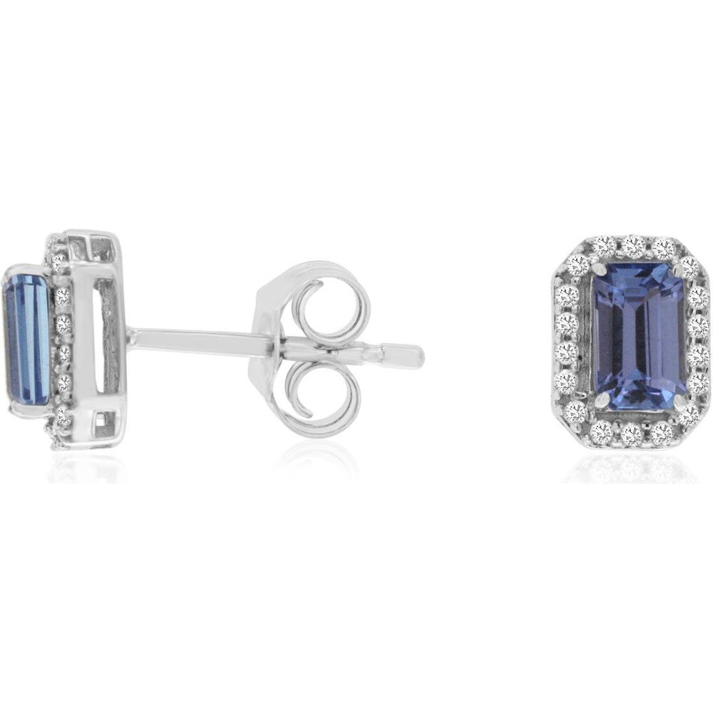 14K White Gold Emerald-Cut Tanzanite and Diamond Halo Stud Earrings - 0.65 Carat Total Tanzanite Weight and 0.11 Carat Total Diamond Weight - Royal Jewelry