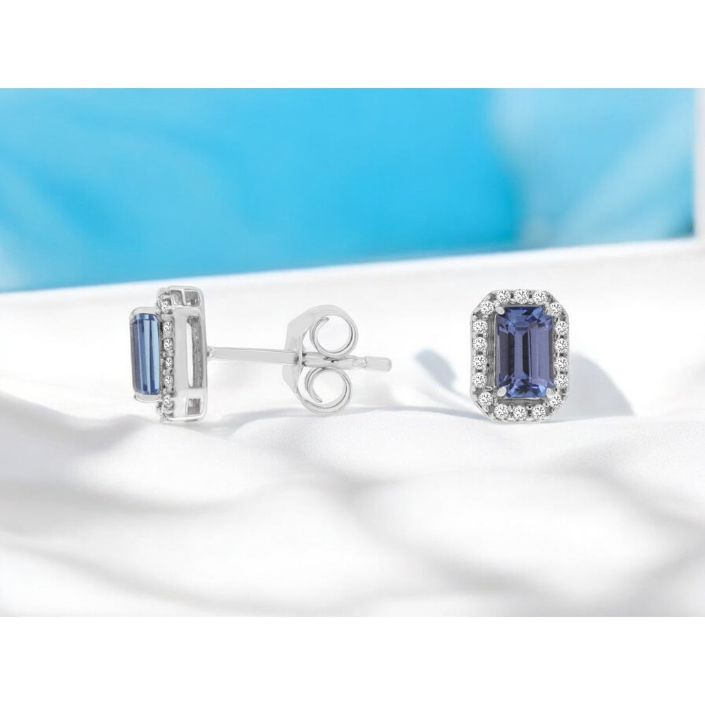 14K White Gold Emerald-Cut Tanzanite and Diamond Halo Stud Earrings - 0.65 Carat Total Tanzanite Weight and 0.11 Carat Total Diamond Weight - Royal Jewelry
