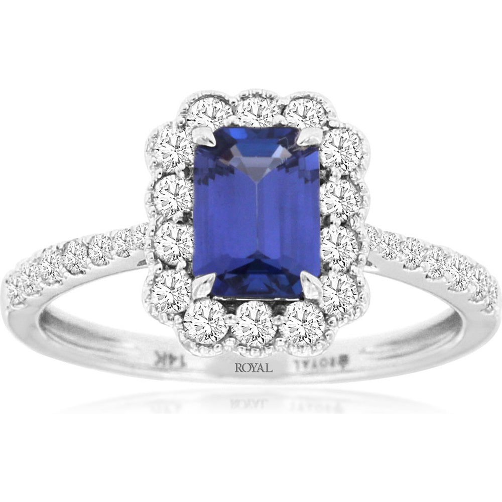 14K White Gold Emerald-Cut Tanzanite Ring with Diamond Halo and Pavé Band - 1.15 Carat Tanzanite and 0.48 Carat Total Diamond Weight - Royal Jewelry