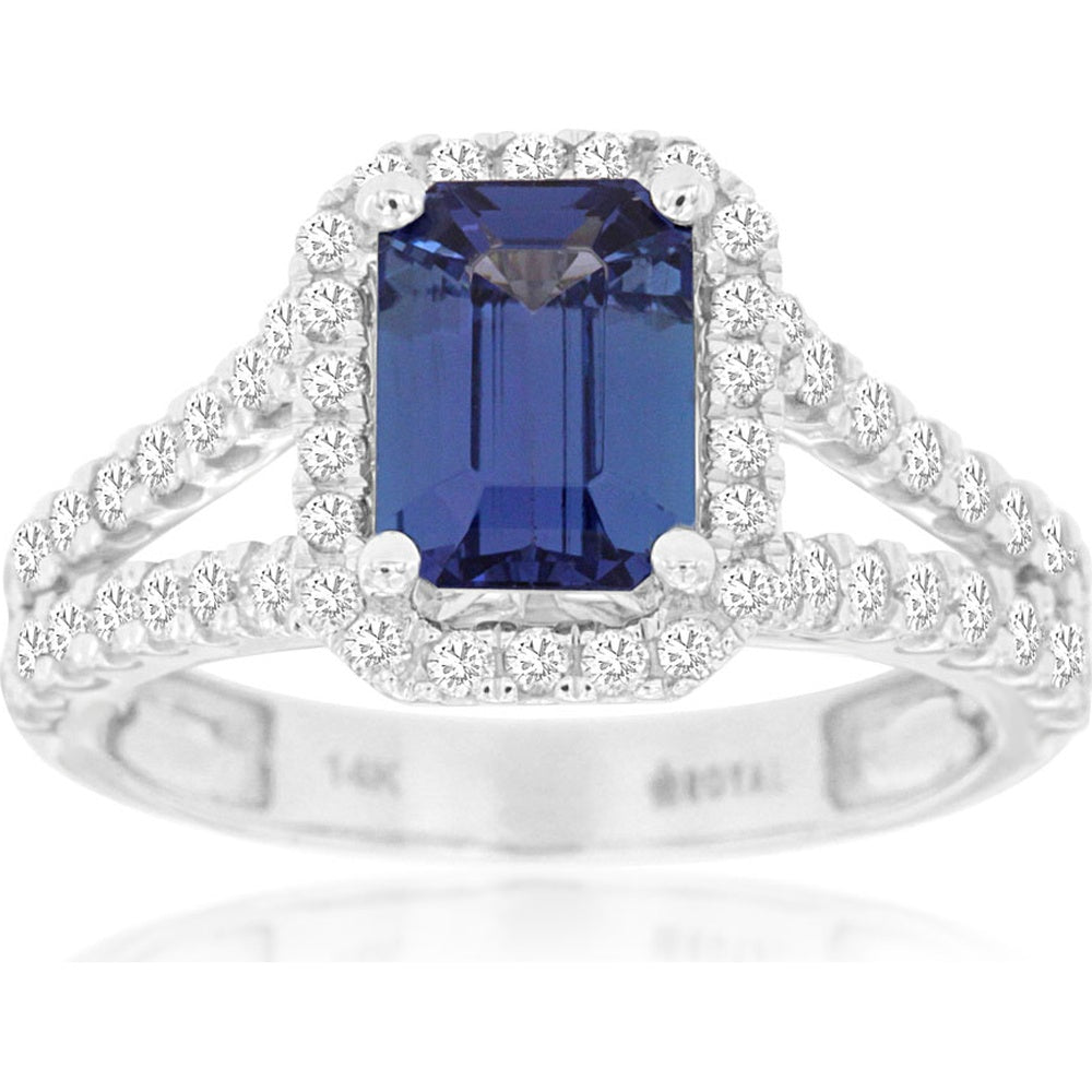 14K White Gold Emerald Cut Tanzanite Ring with Diamond Halo and Split Shank Diamond Band - 1.65 Carat Tanzanite and 0.71 Carat Total Diamond Weight - Royal Jewelry
