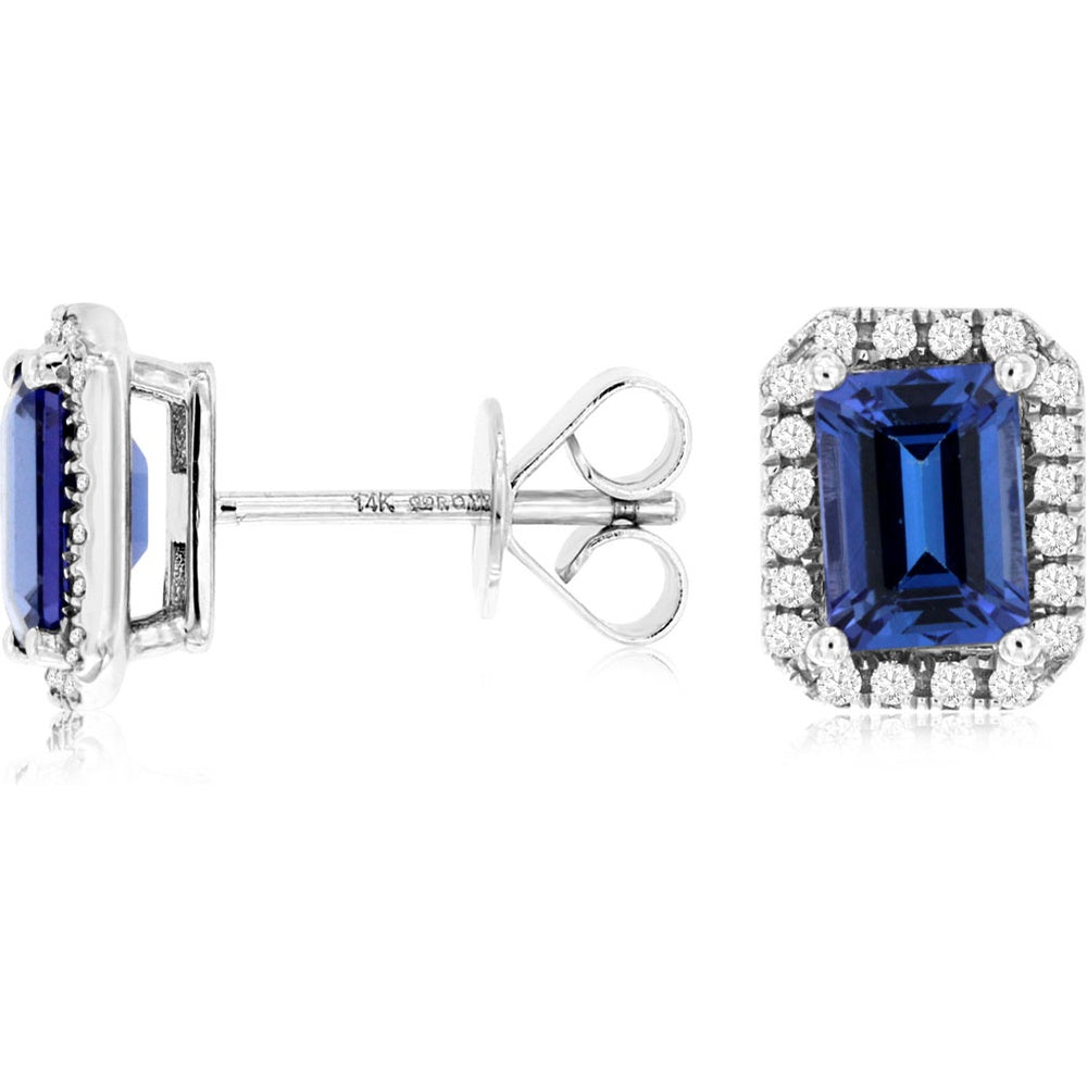 14K White Gold Emerald-Cut Tanzanite Stud Earrings with Round Diamond Halo - 2.30 Carat Total Tanzanite Weight and 0.20 Carat Total Diamond Weight - Royal Jewelry