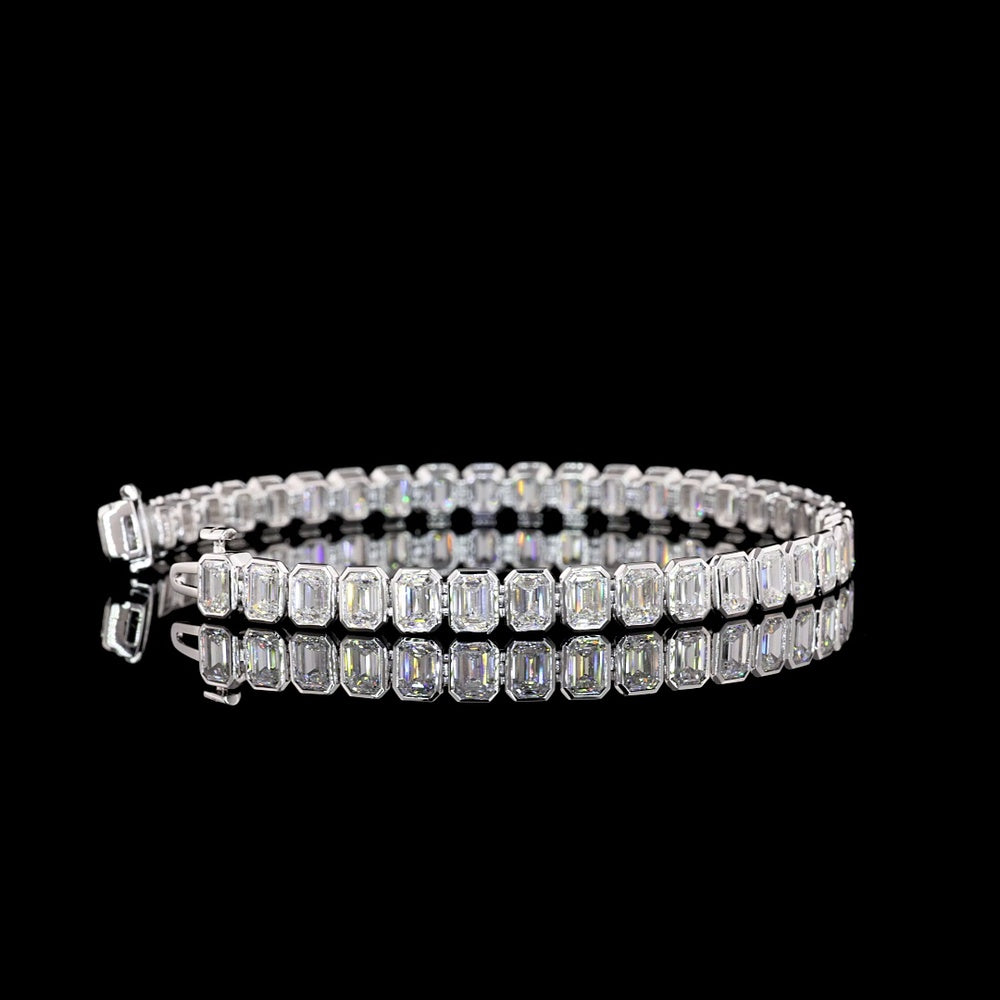 14K White Gold Emerald Cut Tennis Bracelet with Bezel Set Lab Diamonds - 10.25 Carat Total Weight (39 Stones, E-F Color, VS2 Clarity) - Covaloro Fine Jewelry