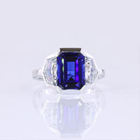 14K White Gold Emerald Cut Three-Stone Ring with 4.73 Carats Blue Lab Gemstone and 1.54 Carats Cadillac-Cut Lab Diamonds - 6.27 Carats Total Carat Weight - Covaloro Fine Jewelry