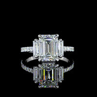 14K White Gold Emerald Cut Three Stone Ring with Baguette Side Stones and Pave Diamond Shank - 3.42 Carat Total Weight Lab Diamonds - Covaloro Fine Jewelry