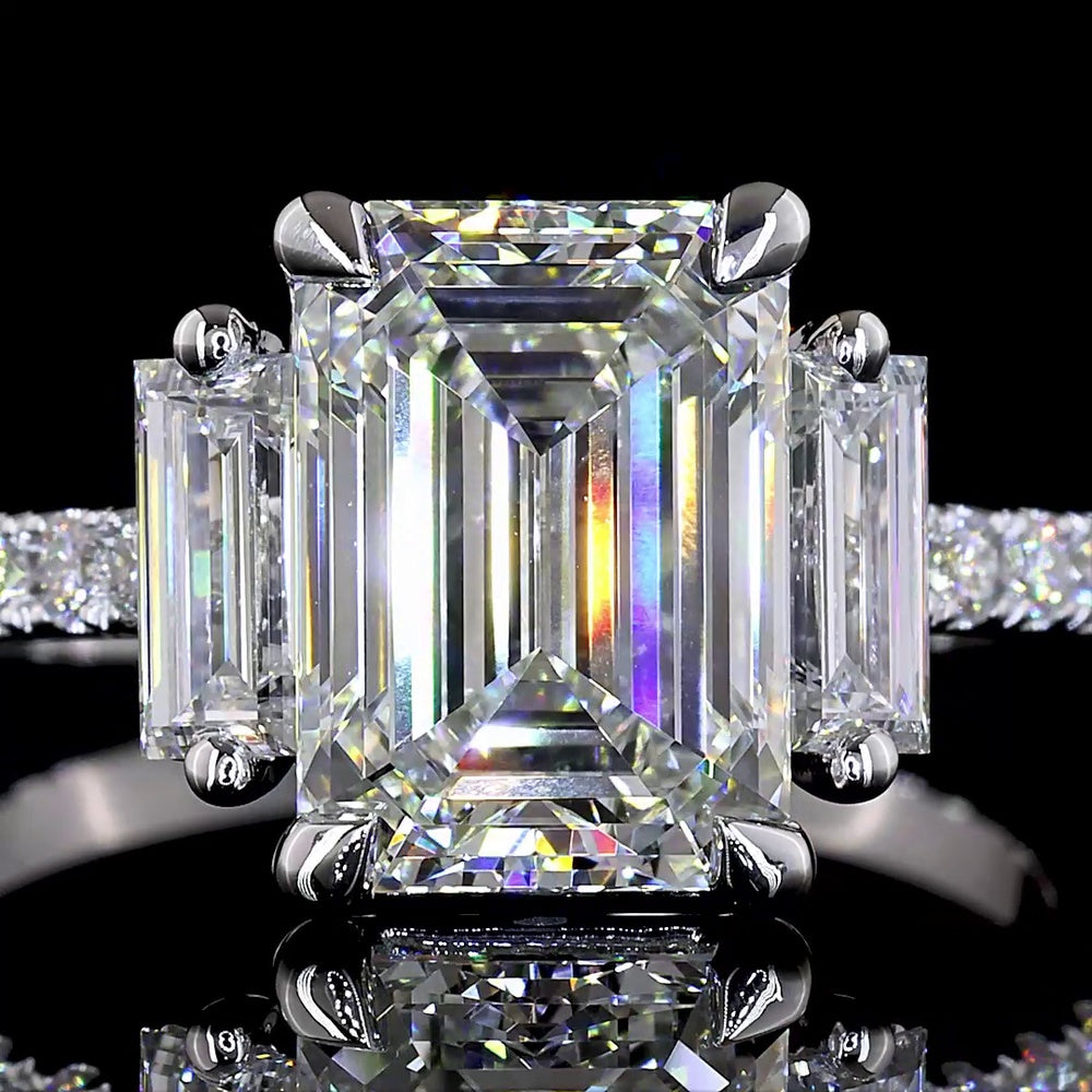 14K White Gold Emerald Cut Three Stone Ring with Baguette Side Stones and Pave Diamond Shank - 3.42 Carat Total Weight Lab Diamonds - Covaloro Fine Jewelry