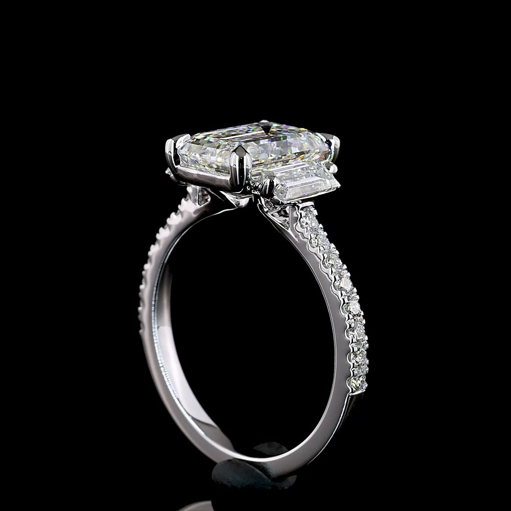 14K White Gold Emerald Cut Three Stone Ring with Baguette Side Stones and Pave Diamond Shank - 3.42 Carat Total Weight Lab Diamonds - Covaloro Fine Jewelry