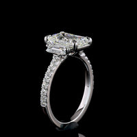 14K White Gold Emerald Cut Three Stone Ring with Baguette Side Stones and Pave Diamond Shank - 3.42 Carat Total Weight Lab Diamonds - Covaloro Fine Jewelry
