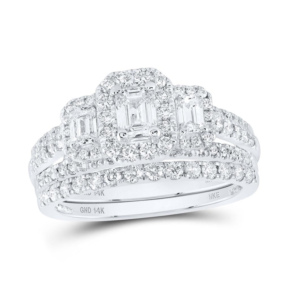 14K White Gold Emerald Diamond Bridal Ring Set - 1 and 1/2 Carat Total Gemstone Weight