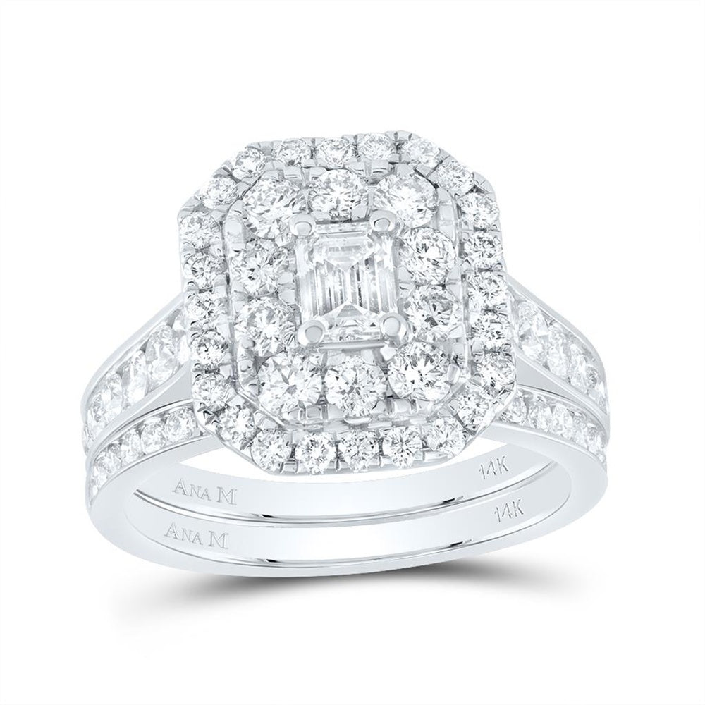 14K White Gold Emerald Diamond Bridal Ring Set - 2 Carat Total Diamond Weight