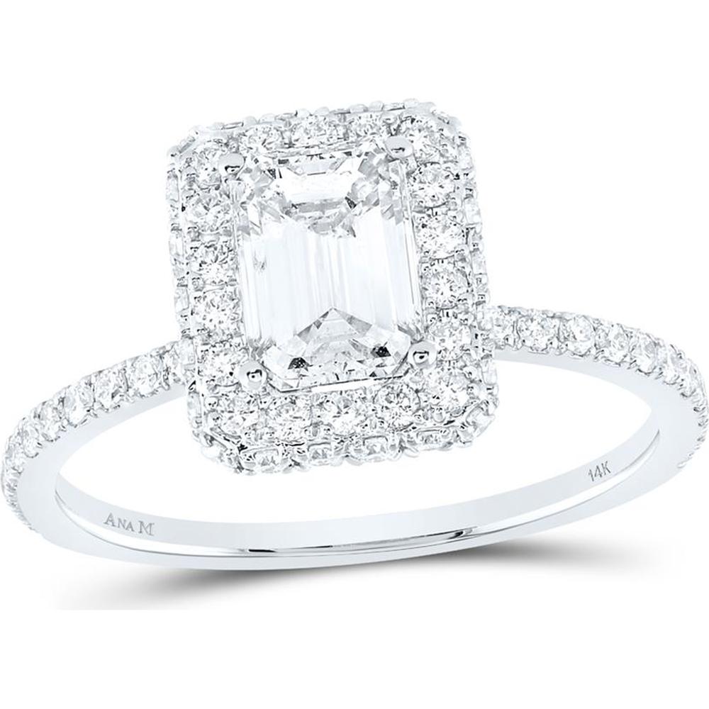 14K White Gold Emerald Diamond Halo Bridal Engagement Ring - 1.62 Carat Total Diamond Weight