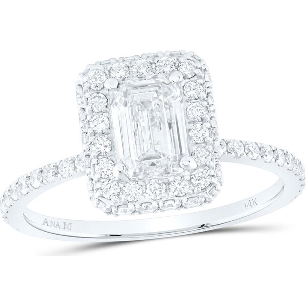 14K White Gold Emerald Diamond Halo Bridal Engagement Ring - 1.62 Carat Total Diamond Weight