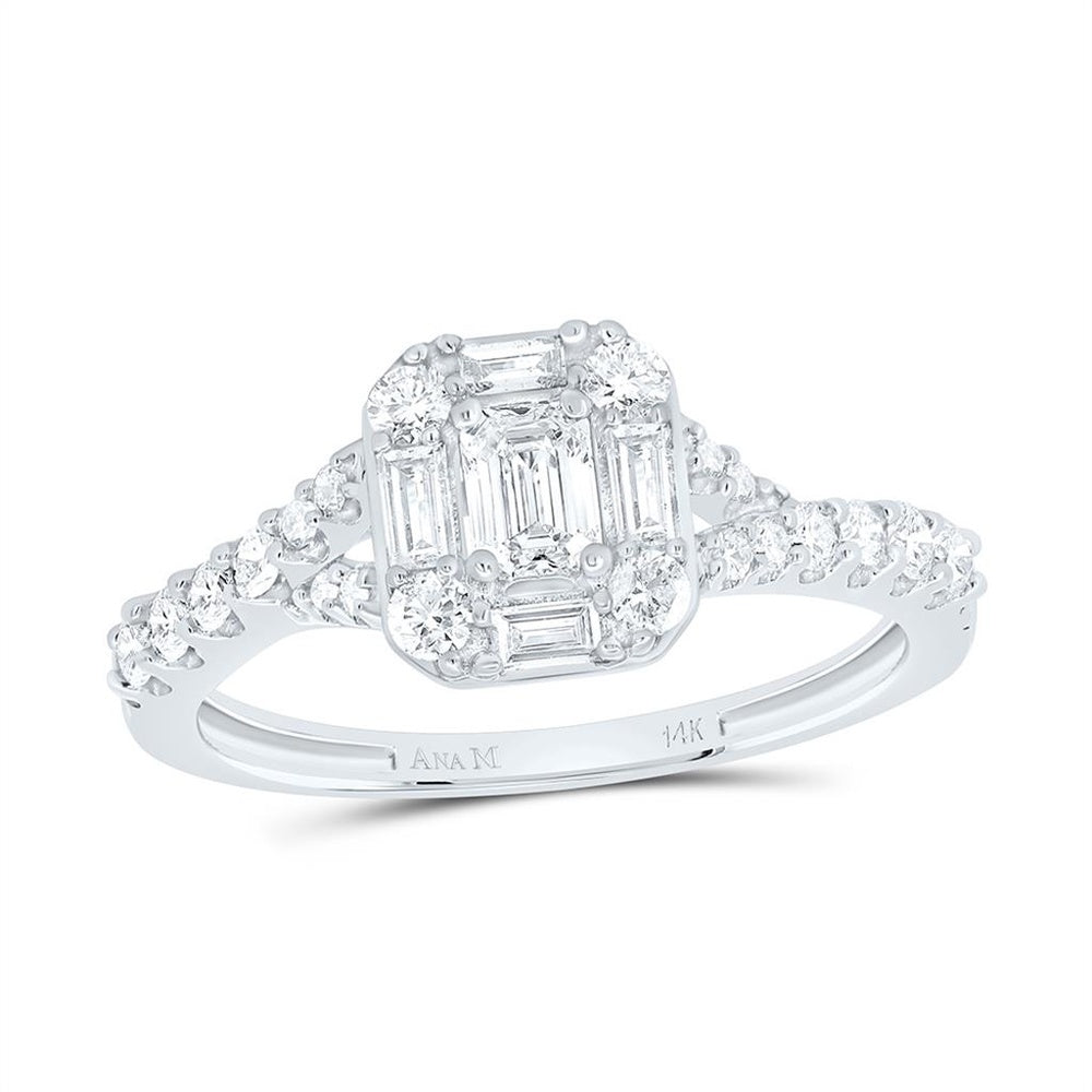 14K White Gold Emerald Diamond Halo Bridal Engagement Ring (Certified) - 3/4 Carat Total Diamond Weight