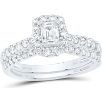 14K White Gold Emerald Diamond Halo Bridal Wedding Ring Set - 1.00 Carat Total Diamond Weight