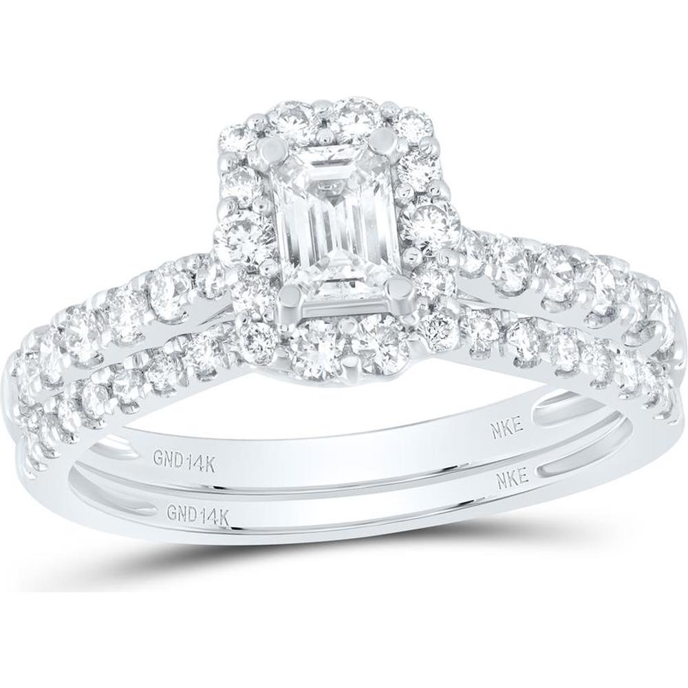 14K White Gold Emerald Diamond Halo Bridal Wedding Ring Set - 1.00 Carat Total Diamond Weight