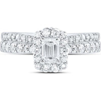 14K White Gold Emerald Diamond Halo Bridal Wedding Ring Set - 1.00 Carat Total Diamond Weight