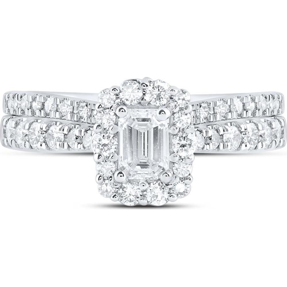 14K White Gold Emerald Diamond Halo Bridal Wedding Ring Set - 1.00 Carat Total Diamond Weight