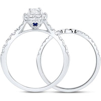 14K White Gold Emerald Diamond Halo Bridal Wedding Ring Set - 1.00 Carat Total Diamond Weight