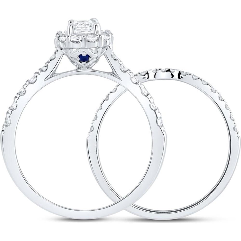 14K White Gold Emerald Diamond Halo Bridal Wedding Ring Set - 1.00 Carat Total Diamond Weight