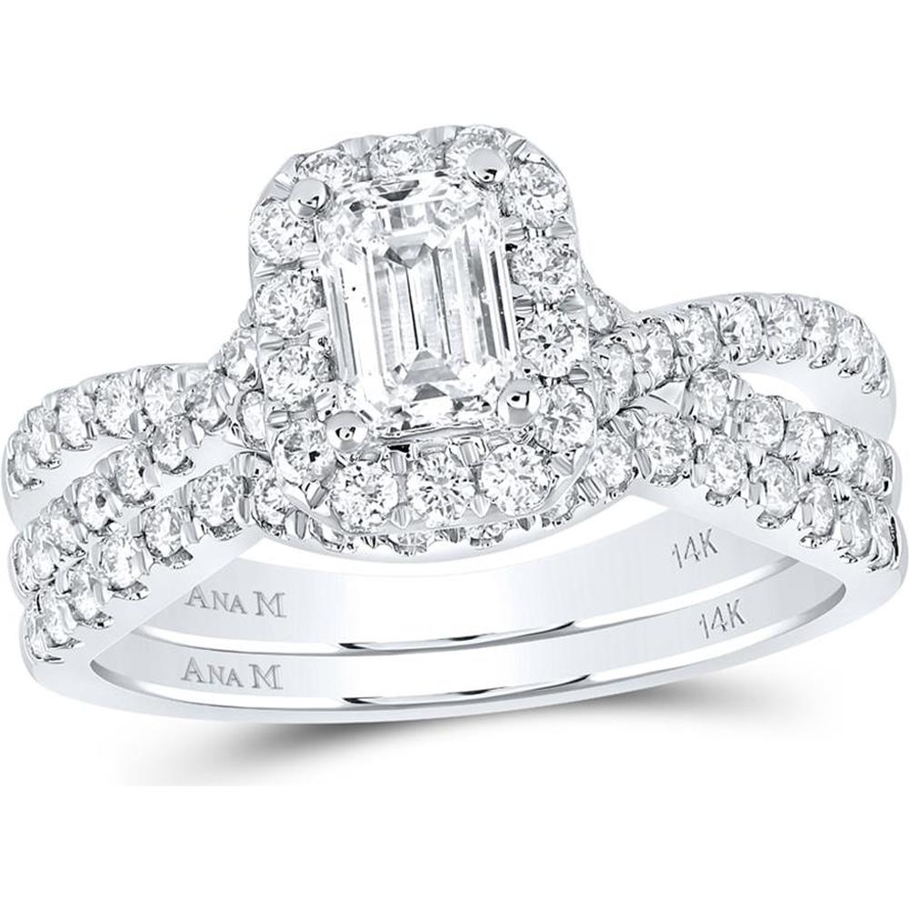 14K White Gold Emerald Diamond Halo Bridal Wedding Ring Set with Round Diamonds and Blue Sapphire - 1.5 Carat Total Diamond Weight