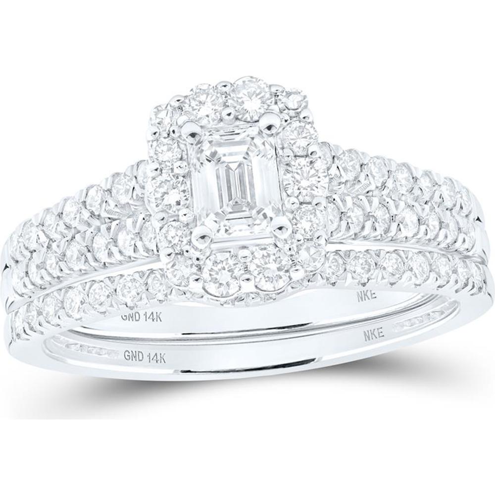 14K White Gold Emerald Diamond Halo Bridal Wedding Ring Set with Round Diamonds and Blue Sapphire - 1 Carat Total Diamond Weight