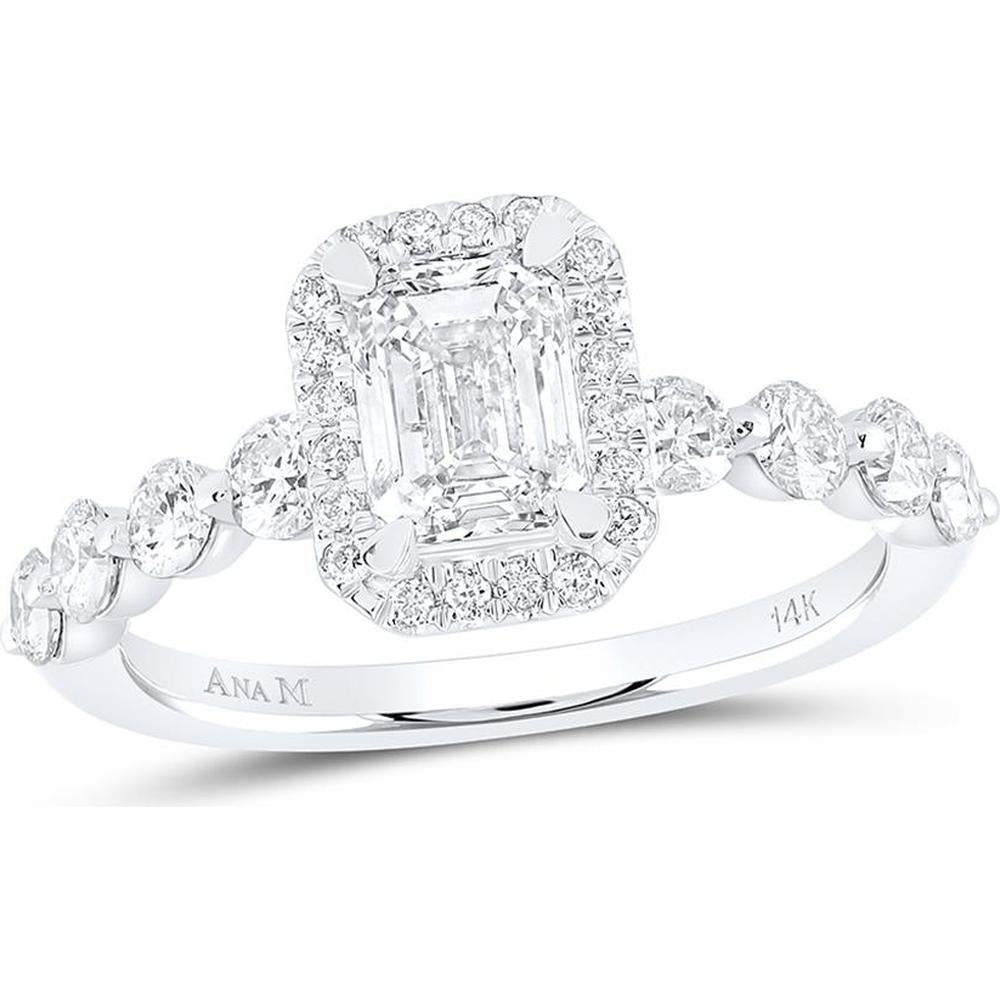 14K White Gold Emerald Diamond Halo Engagement Ring - 1.75 Carat Total Diamond Weight