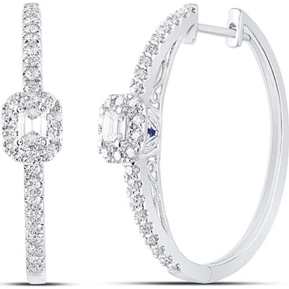 14K White Gold Emerald Diamond Hoop Earrings with Round Diamond and Sapphire - 1.00 Carat Total Gemstone Weight