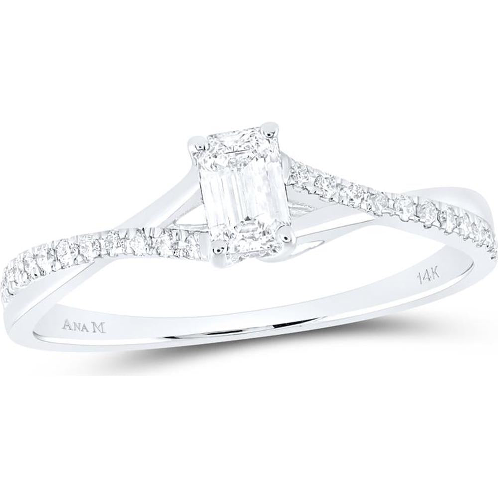 14K White Gold Emerald Diamond Solitaire Engagement Ring - 3/8 Carat Total Diamond Weight
