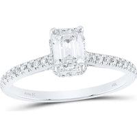 14K White Gold Emerald Diamond Solitaire Engagement Ring with Pave-Set Round Diamonds and Blue Sapphires - 1 Carat Total Diamond Weight