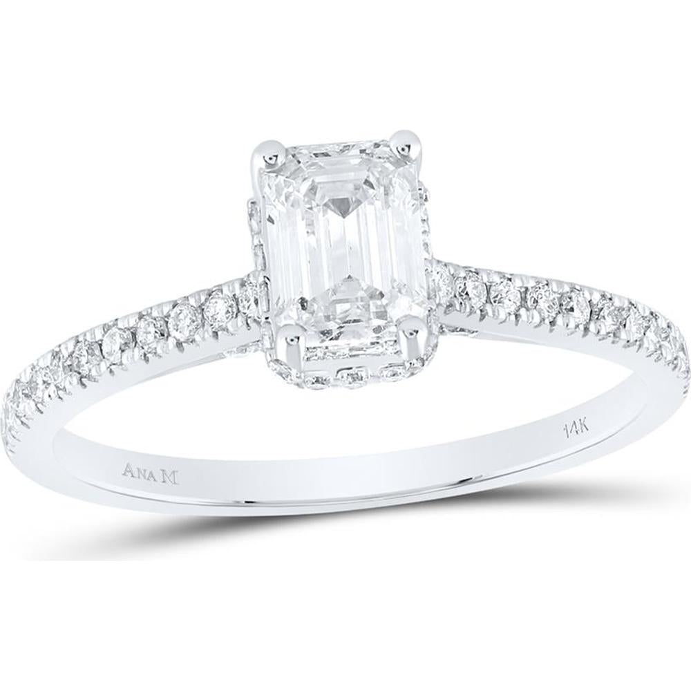 14K White Gold Emerald Diamond Solitaire Engagement Ring with Pave-Set Round Diamonds and Blue Sapphires - 1 Carat Total Diamond Weight