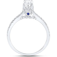 14K White Gold Emerald Diamond Solitaire Engagement Ring with Pave-Set Round Diamonds and Blue Sapphires - 1 Carat Total Diamond Weight