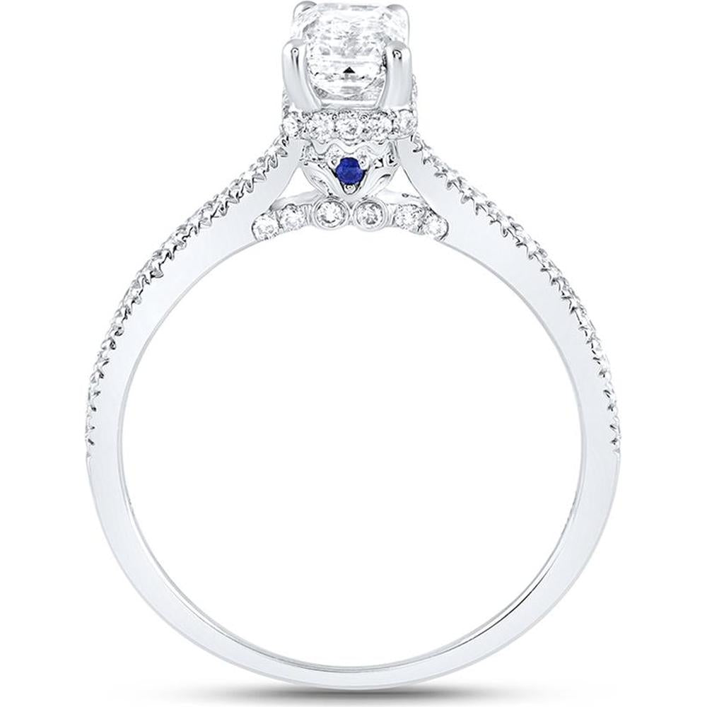 14K White Gold Emerald Diamond Solitaire Engagement Ring with Pave-Set Round Diamonds and Blue Sapphires - 1 Carat Total Diamond Weight