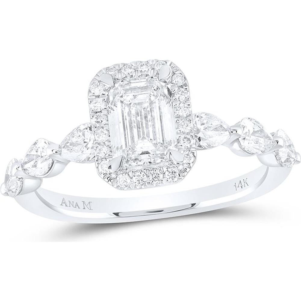 14K White Gold Emerald Diamond Solitaire Halo Engagement Ring - 2 Carat Total Diamond Weight