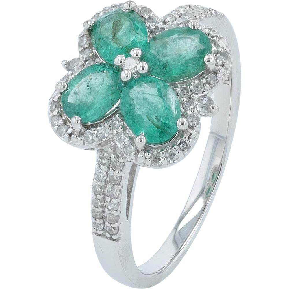 14K White Gold Emerald Flower Ring with Diamond Halo - 1.25 Carat Total Emerald Weight, 0.26 Carat Total Diamond Weight