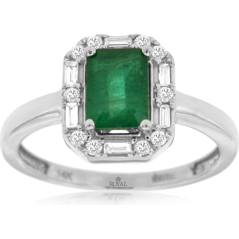 14K White Gold Emerald Halo Ring with Round and Baguette Diamonds - 1.00 Carat Emerald and 0.19 Carat Total Diamond Weight - Royal Jewelry