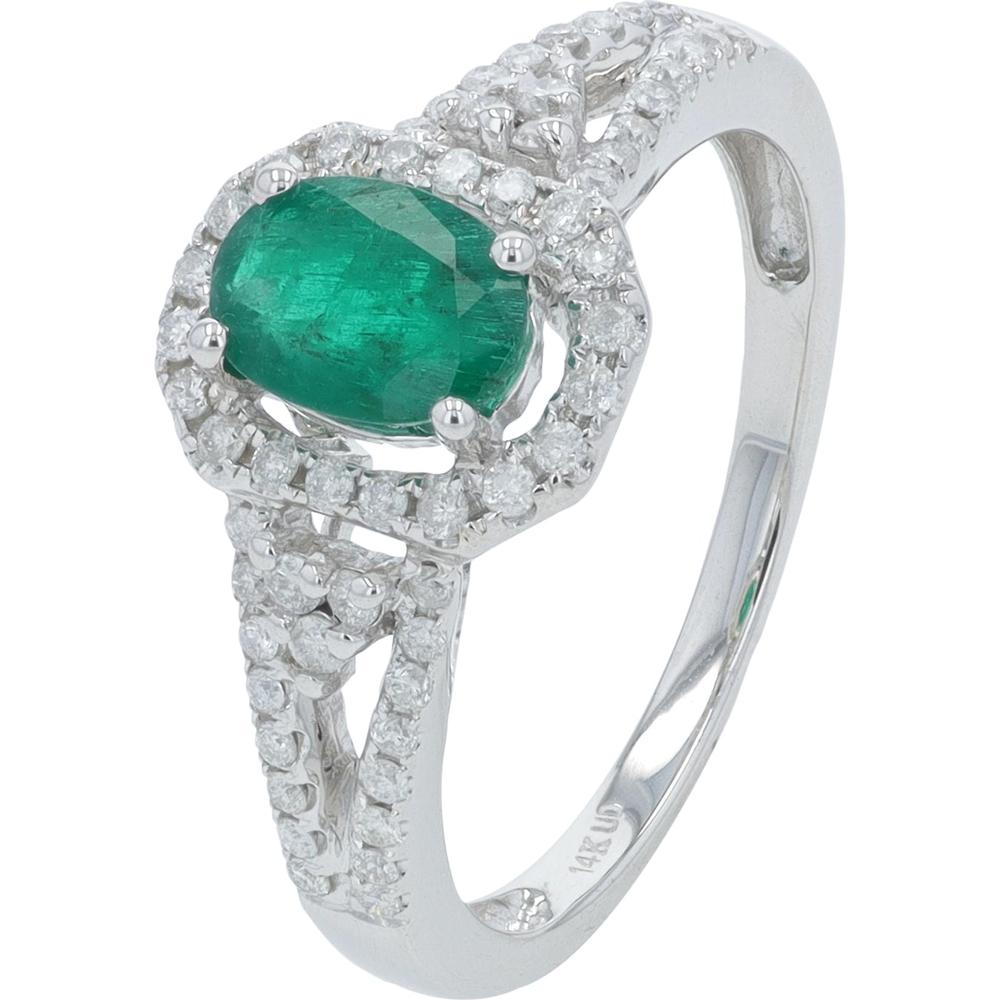14K White Gold Emerald Ring with 0.75 Carat Oval Emerald and 0.33 Carat Total Diamond Halo