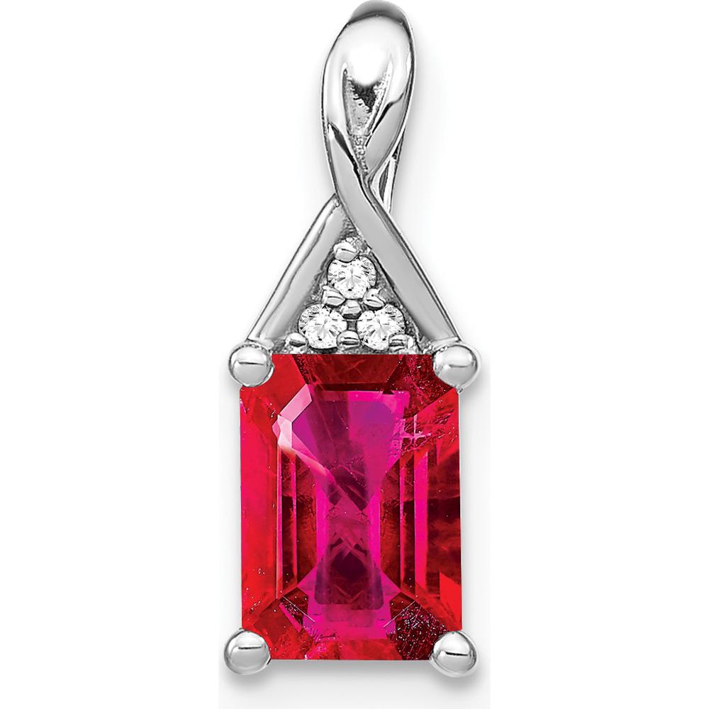 14K White Gold Emerald-shape Ruby Pendant with Round Diamonds - 1.01 Carat Total Gemstone Weight by Lumare Gioia