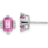 14K White Gold Emerald-shaped Pink Sapphire and Diamond Stud Earrings - 0.01 Carat Total Diamond Weight by Monteluci Fine Jewelry