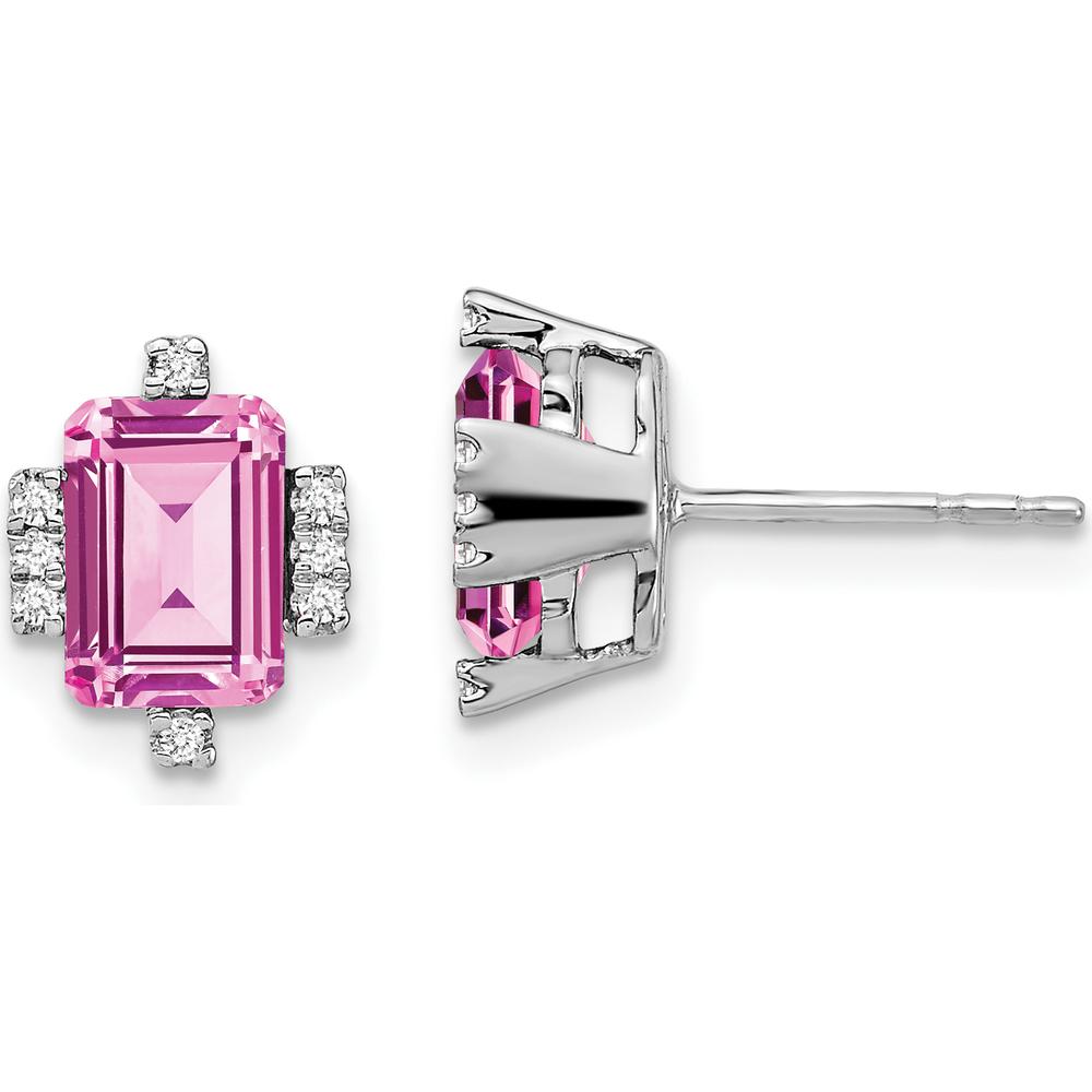14K White Gold Emerald-shaped Pink Sapphire and Diamond Stud Earrings - 0.01 Carat Total Diamond Weight by Monteluci Fine Jewelry