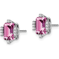 14K White Gold Emerald-shaped Pink Sapphire and Diamond Stud Earrings - 0.01 Carat Total Diamond Weight by Monteluci Fine Jewelry