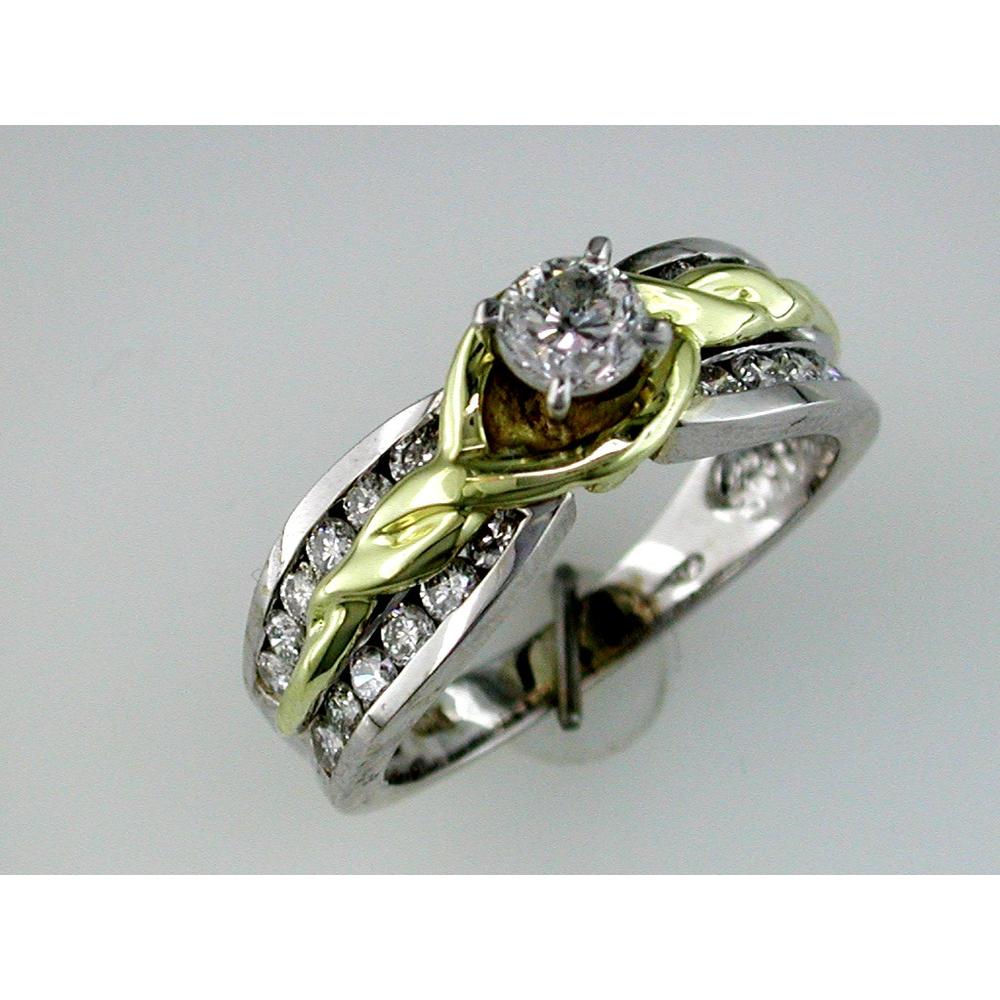 14K White Gold Engagement Ring with 0.40 Carat Round Center Diamond and 0.75 Carat Pavé Set Accents Featuring Yellow Gold Leaf Motif – 1.15 Carat Total Diamond Weight - Royal Jewelry