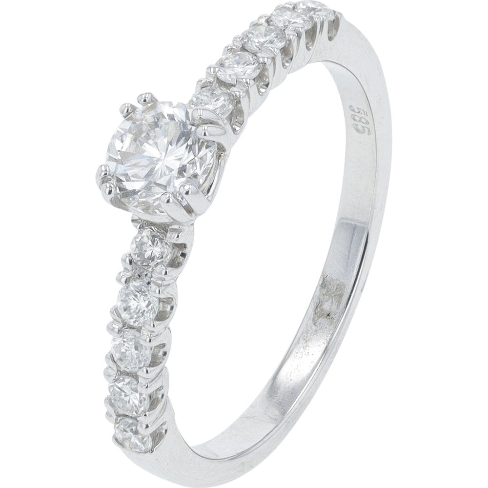 14K White Gold Engagement Ring with 0.50 Carat Round Diamond Center and Accent Stones - 0.80 Carat Total Diamond Weight
