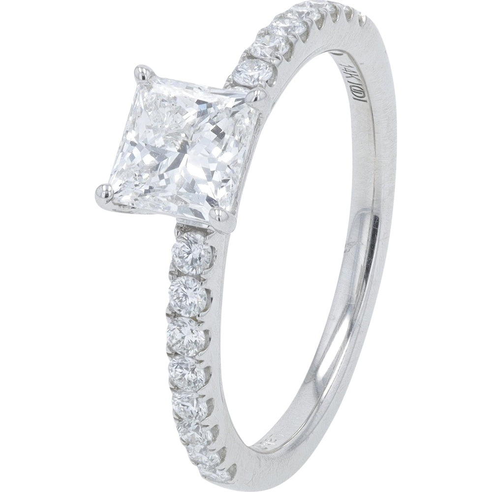 14K White Gold Engagement Ring with 1.00 Carat Princess Cut Lab Grown Diamond and Accented Diamond Band - 1.25 Carat Total Diamond Weight