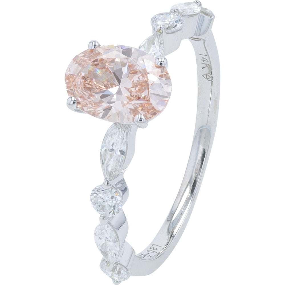 14K White Gold Engagement Ring with 1.10 Carat Oval Peach Lab-Grown Diamond and Alternating Marquise and Round Diamond Accents - 1.50 Carat Total Diamond Weight