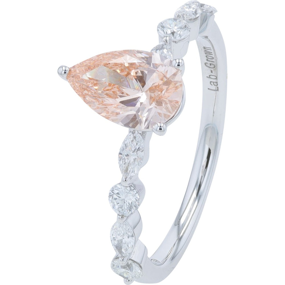 14K White Gold Engagement Ring with 1.10 Carat Pear-Cut Peach Lab-Grown Diamond and Alternating Round and Marquise Accents - 1.75 Carat Total Gem Weight