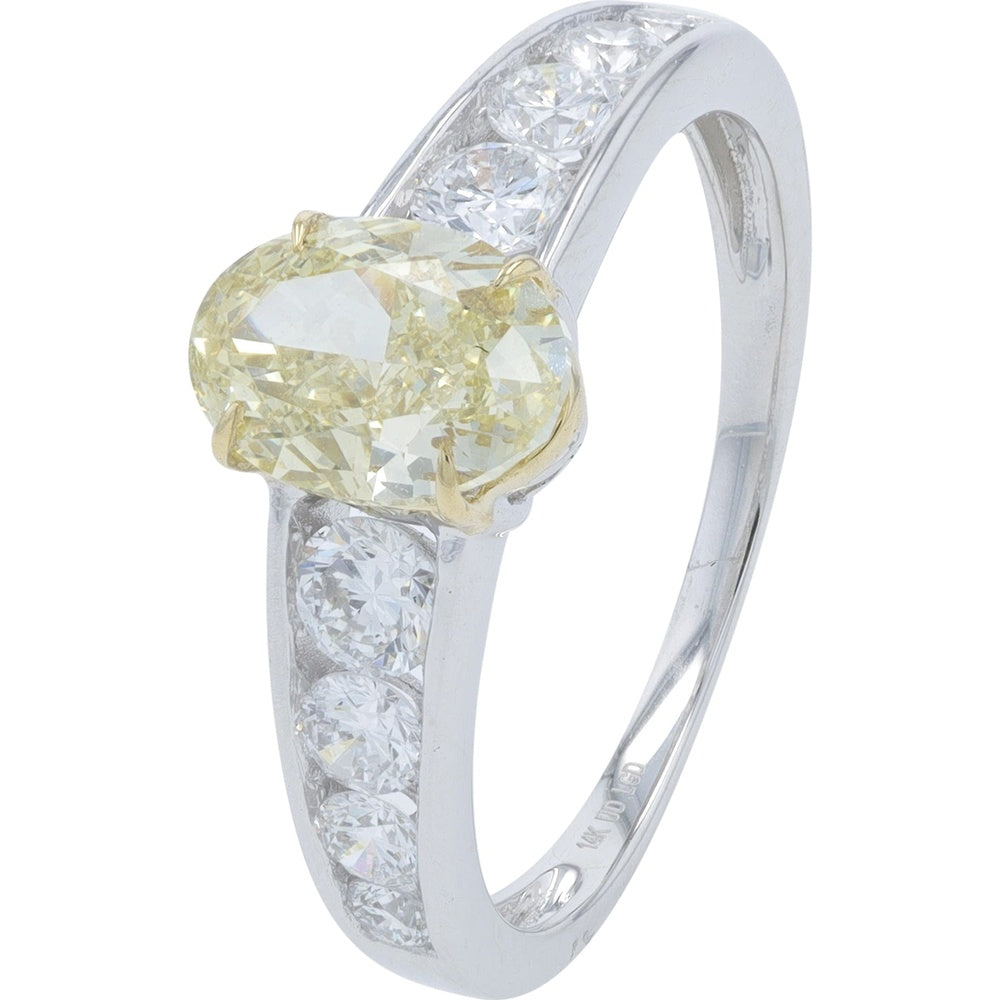 14K White Gold Engagement Ring with 1.25 Carat Oval Yellow Lab-Grown Diamond and Channel-Set White Diamonds - 2.00 Carat Total Diamond Weight
