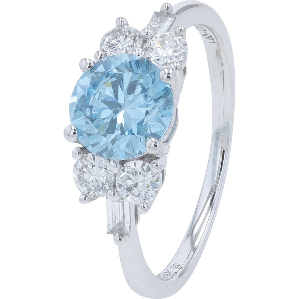 14K White Gold Engagement Ring with 1.33 Carat Round Lab Grown Center Diamond and Baguette Accent Stones - 1.75 Carat Total Diamond Weight