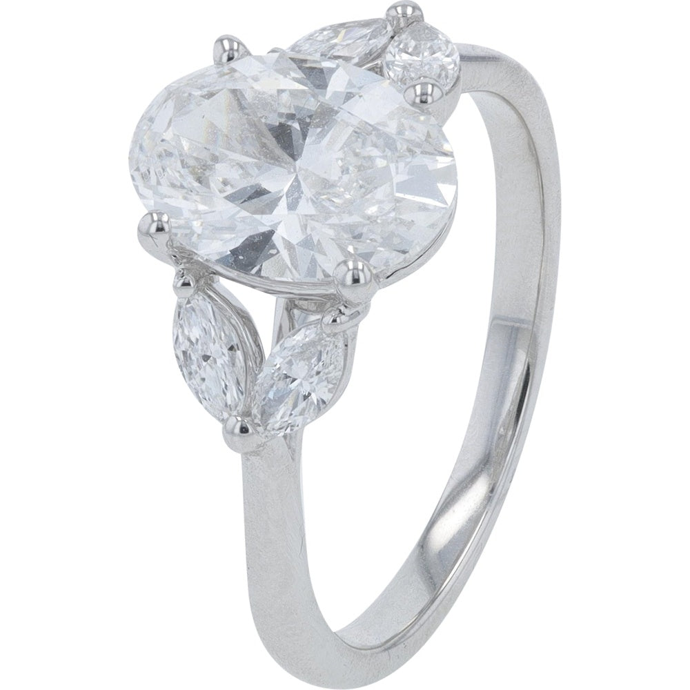 14K White Gold Engagement Ring with 2.00 Carat Oval Lab Grown Diamond and Marquise Accents - 2.36 Carat Total Diamond Weight