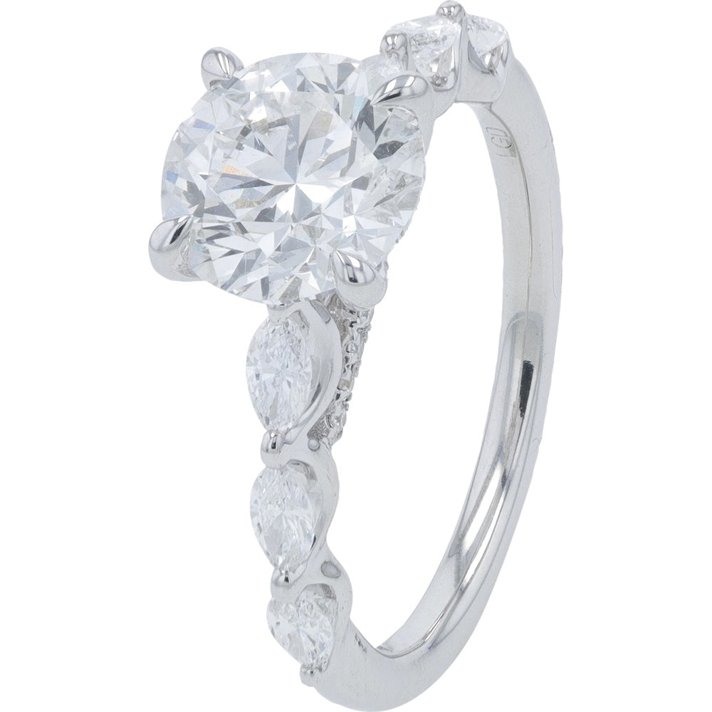 14K White Gold Engagement Ring with 2.00 Carat Round Lab Grown Diamond and Marquise Accents - 2.50 Carat Total Diamond Weight