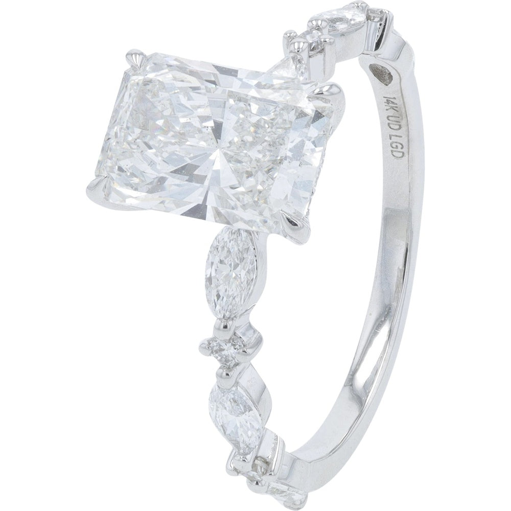 14K White Gold Engagement Ring with 2.11 Carat Radiant Cut Lab Grown Diamond and Marquise Accents - 2.33 Carat Total Diamond Weight