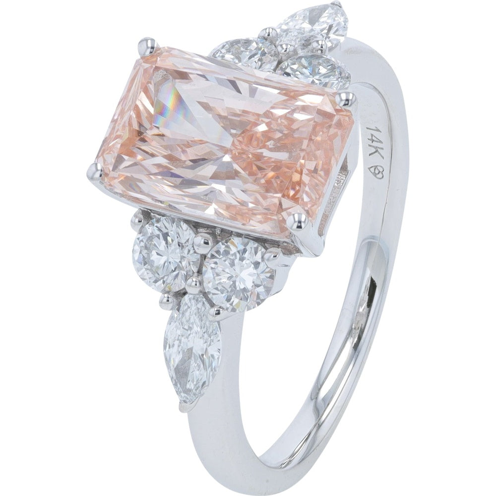 14K White Gold Engagement Ring with 3.00 Carat Rectangular Pink Lab Grown Diamond and 0.75 Carat Marquise and Round Accent Diamonds - 3.75 Carat Total Diamond Weight